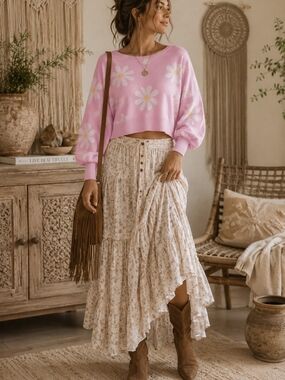 Ekouaer Pink Daisy Sweater S Dolman Sleeve Cottage Whimsy Coquette Soft Girl